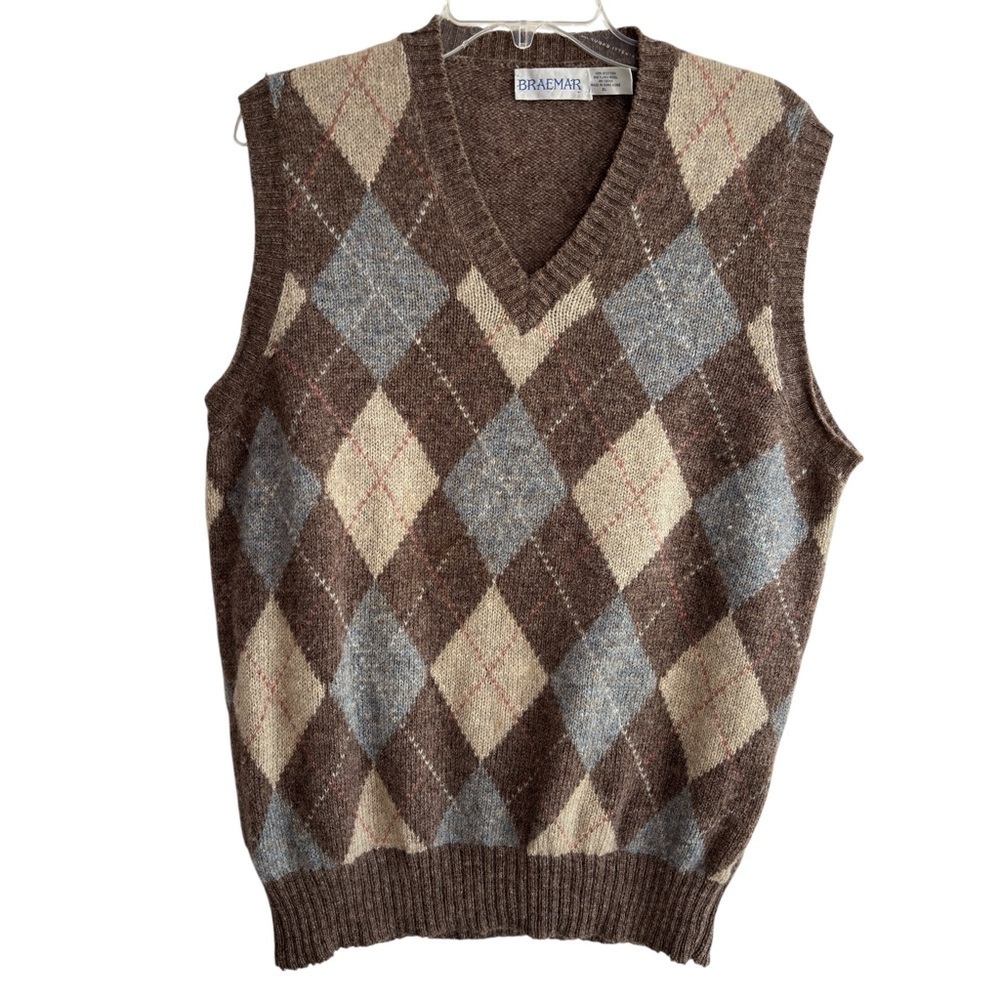 VTG Breamar Mens XL 100% Scottish Wool Sweater Vest Argyle  Made in Hong Kong